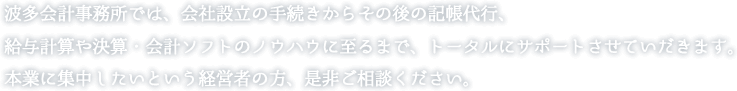 波多会計事務所では、会社設立の手続きからその後の記帳代行、給与計算や決算・会計ソフトのノウハウに至るまで、トータルにサポートさせていだきます。本業に集中したいという経営者の方、是非ご相談ください。